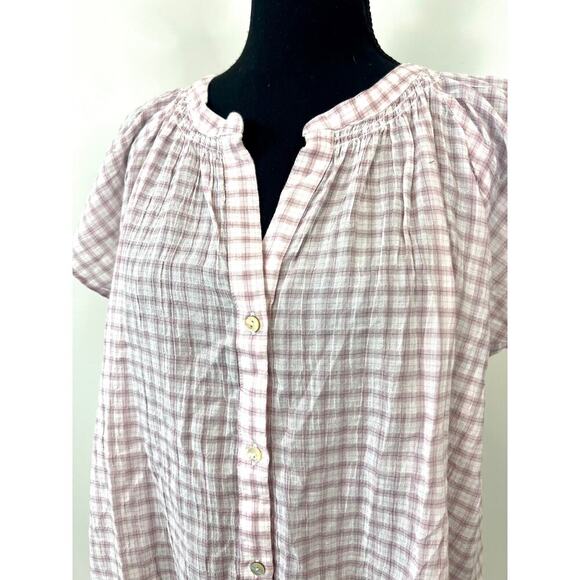Rails Alena Top in Soft Rose Check Large Button Up Short Sleeve Stretch V-Neck - Picture 4 of 5